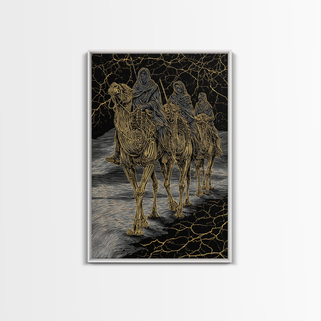 Gold Line Camel Riders On Black Desert Wall Art, African Travel, Tribal Decor, Sahara Poster, Bold Boho Home Decor, Statement Piece