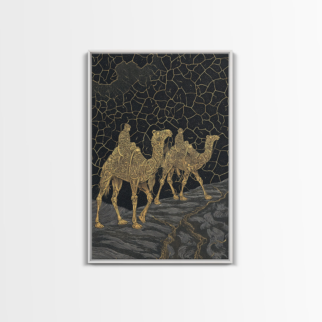Ornate Golden Camel Caravan Under Stars Framed Canvas Print, African Wall Art, Sahara Travel Poster, Ethnic Home Decor Gift