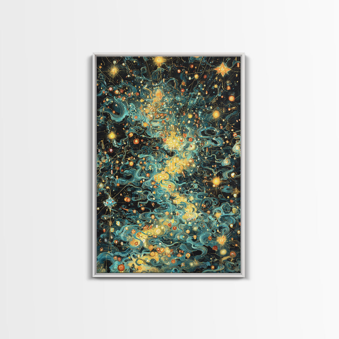 Glowing Celestial Swirls With Stars Canvas Print, Abstract Art, Teal And Gold Wall Decor, Dreamy Modern Home Decor, Gift For Her