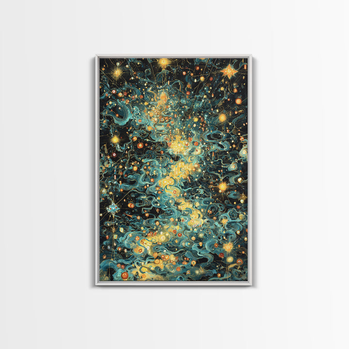 Glowing Celestial Swirls With Stars Canvas Print, Abstract Art, Teal And Gold Wall Decor, Dreamy Modern Home Decor, Gift For Her