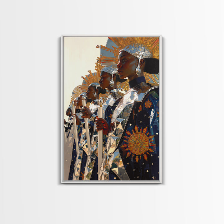 Afrofuturist Women In Silver Sun Armor Canvas Print, Black Women Art, African Queen, Empowered Women, Luxury Wall Decor Gift