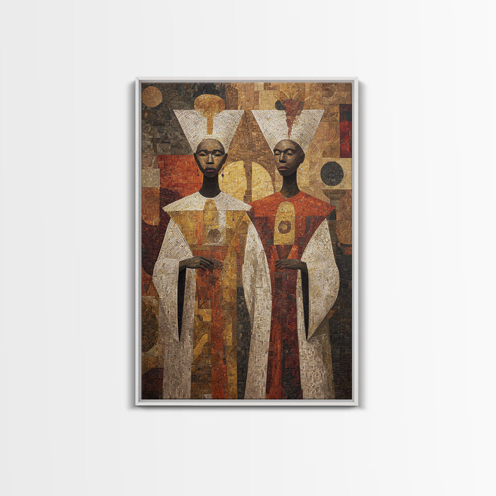 Geometric African Queens In Earth Tones Wall Art, African Abstract, Black Culture Art, Tribal Queen Art, Elegant Home Decor
