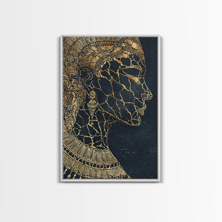 Gold Cracked African Queen Profile Wall Art, Black Woman Portrait, Afrocentric Decor, Luxury Canvas, Black And Gold Design