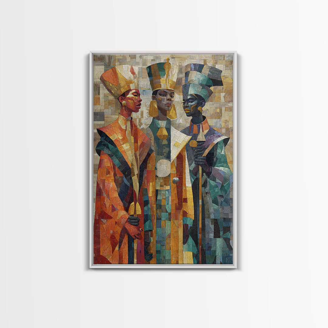 Three Regal African Figures Framed Canvas Print, Cubist Mosaic Portrait, Tribal Queen Art, Cultural Wall Decor, Bold Home Decor