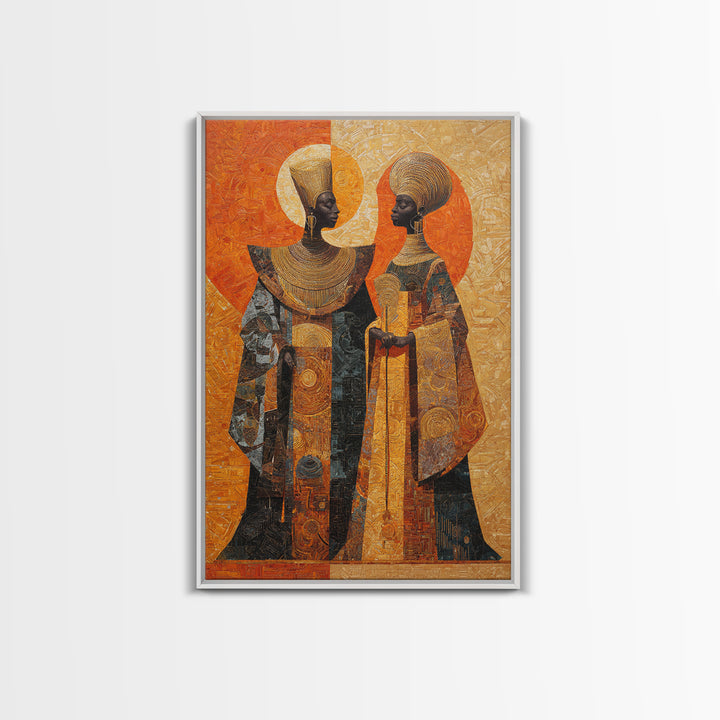 Orange Gold African Queen Pair Wall Art, Elegant Halo Portrait, Modern African Art, Black Woman Canvas, Earth Tone Decor