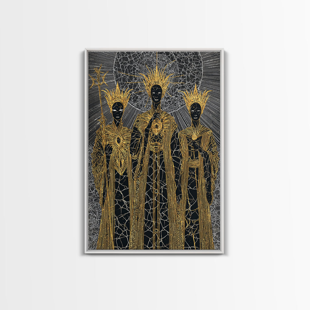 Three Black Gold Priestesses Canvas Print, Mystical African Portrait, Spiritual Wall Art, Goddess Artwork, Afrocentric Decor