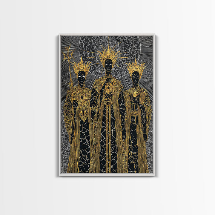 Three Black Gold Priestesses Canvas Print, Mystical African Portrait, Spiritual Wall Art, Goddess Artwork, Afrocentric Decor