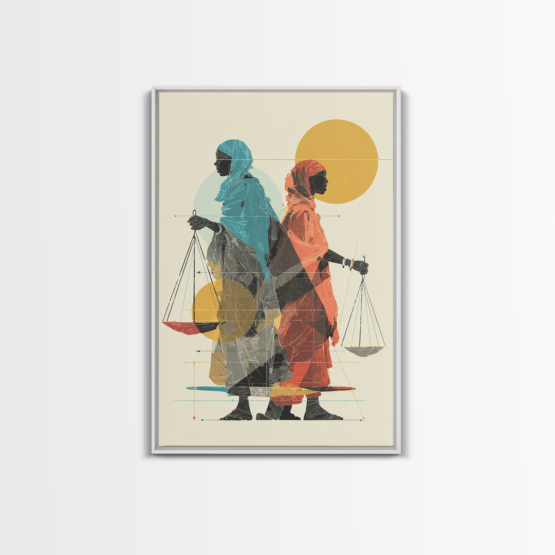 Two Veiled African Women With Scales Canvas Print, Modern Justice Portrait, Afrocentric Wall Decor, Feminine Wall Art Gift