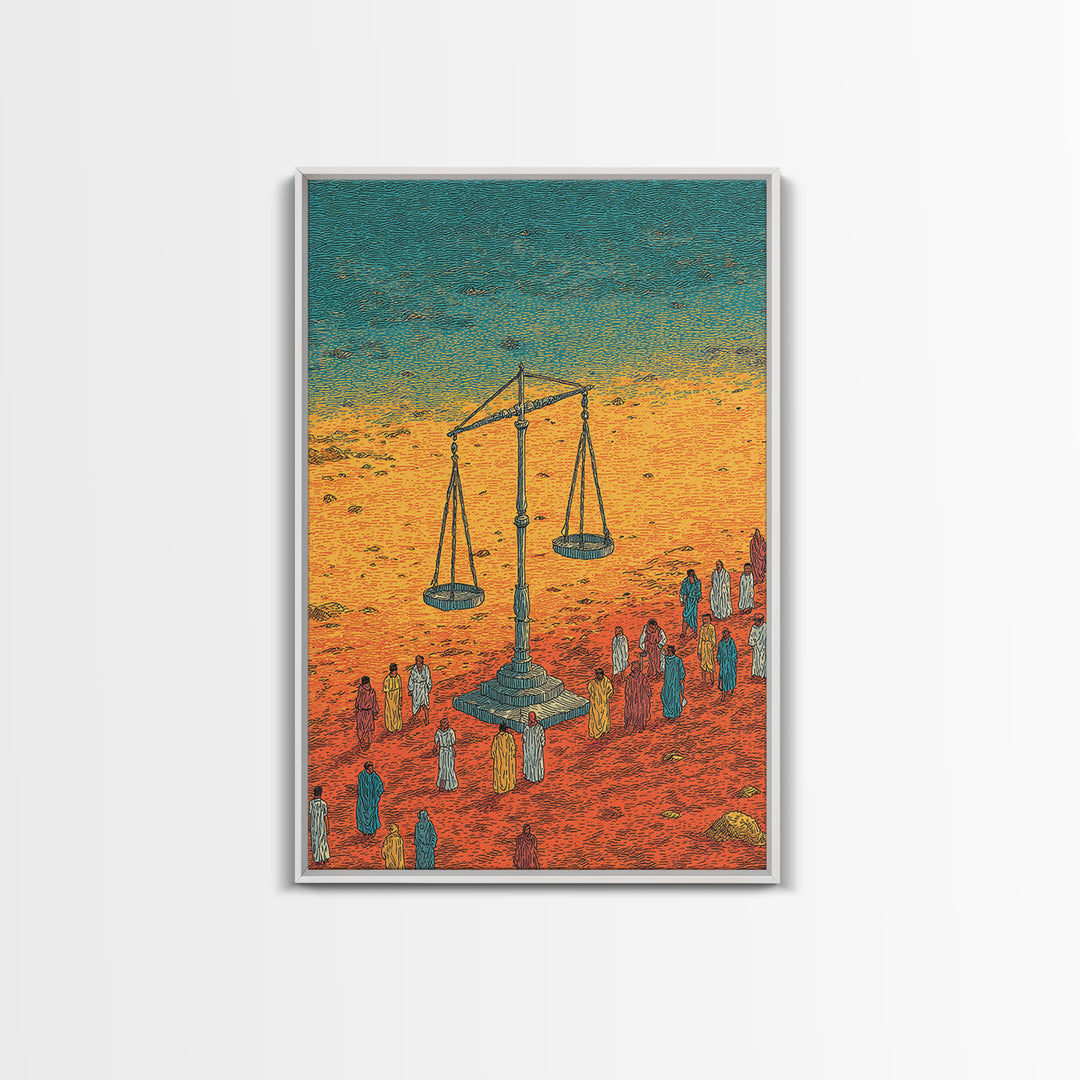 Desert Justice Scales With Robed Figures Wall Art, African Culture Art Print, Afrocentric Decor, Statement Living Room Decor