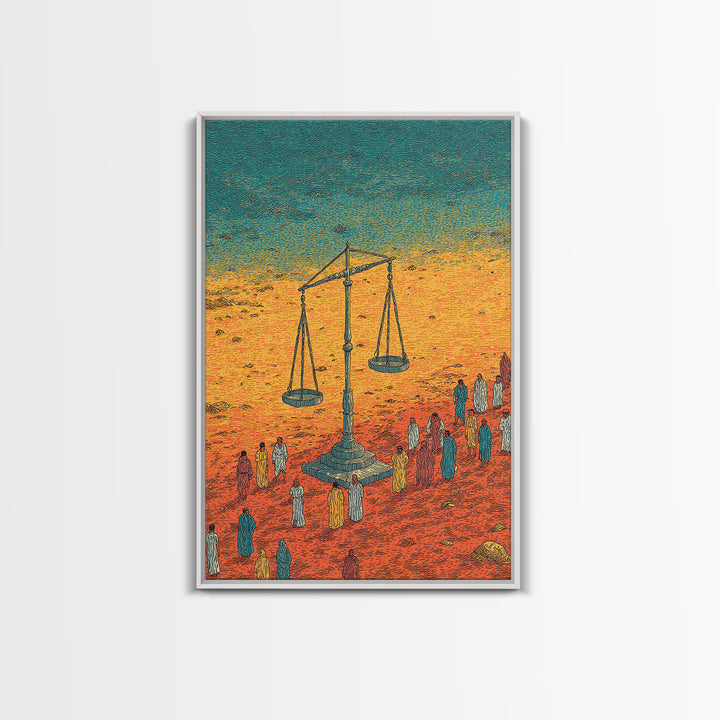 Desert Justice Scales With Robed Figures Wall Art, African Culture Art Print, Afrocentric Decor, Statement Living Room Decor