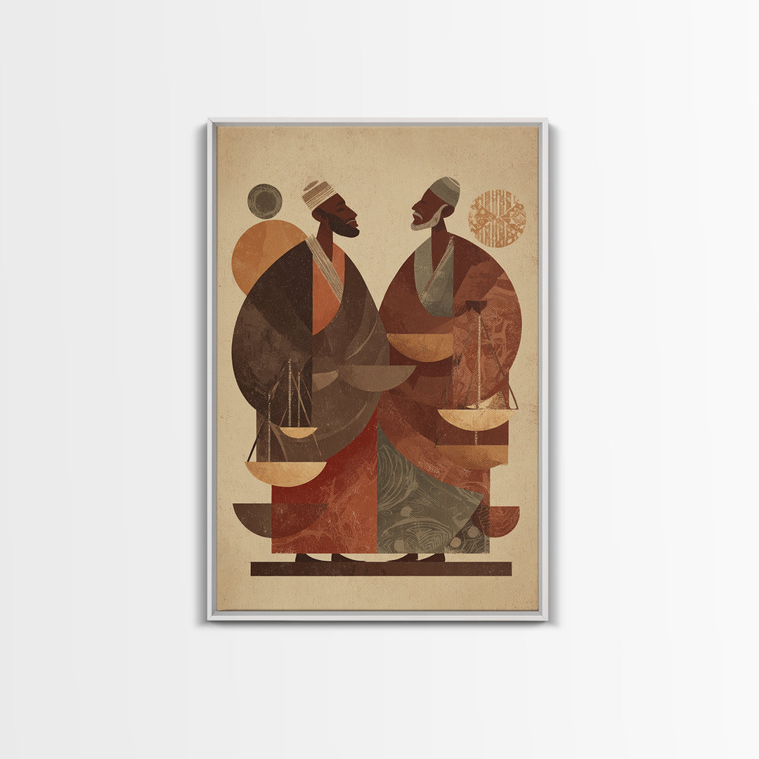 Two African Men With Balance Scales Framed Canvas Print, African Wall Art, Cultural Art Print, Afrocentric Home Decor Gift