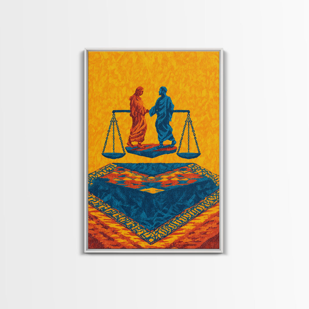 Balanced Figures On Blue Rug Wall Art, African Inspired Justice Painting, Cultural Wall Decor, Bold Afrocentric Canvas Print