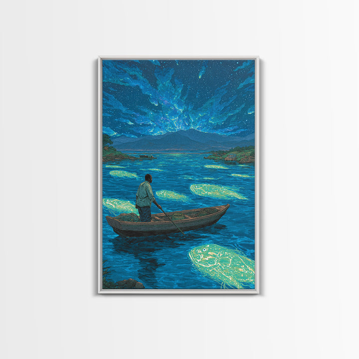 Starlit Fisherman On Glowing Blue Lake Canvas Print, African Landscape Wall Art, Dreamy Nature Scene, Unique Home Decor Gift