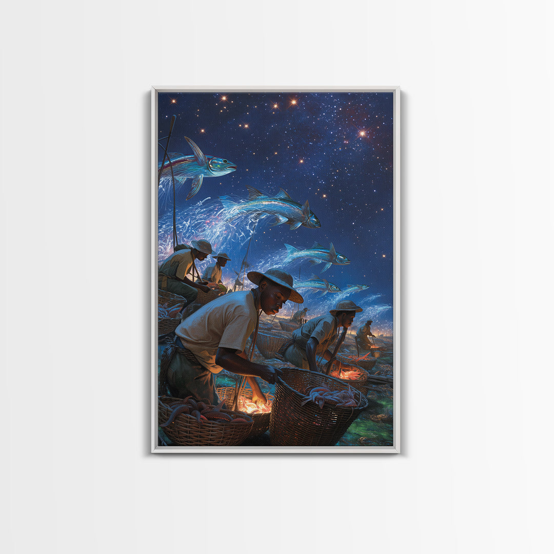 Starry Night Fishermen With Baskets Canvas Print, African Wall Art, Black Men Coastal Scene, Magical Fish Ocean Decor Gift