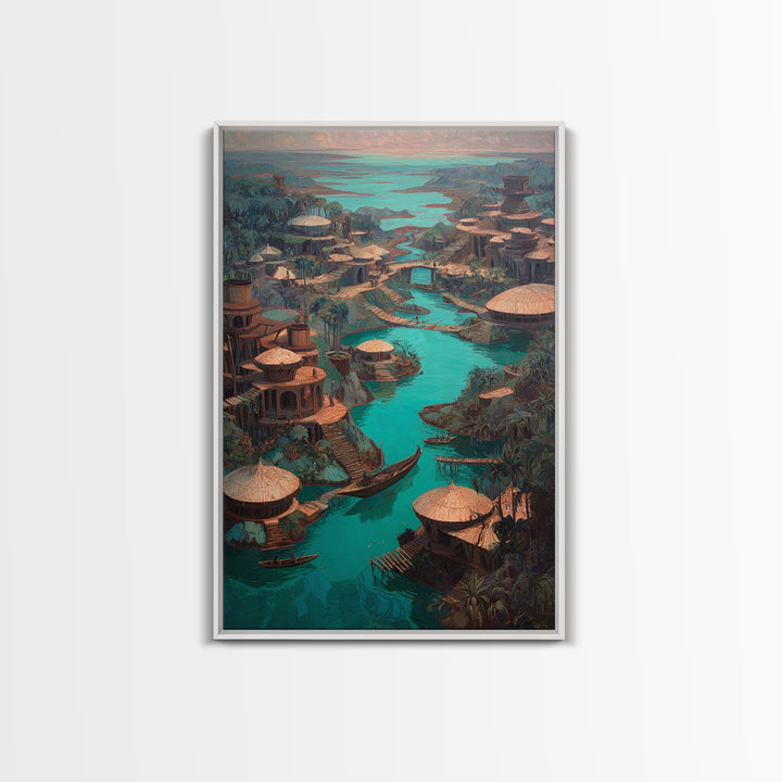 Turquoise River Village With Round Huts Wall Art, African Landscape Canvas Print, Jungle African Decor, Unique Living Room Art