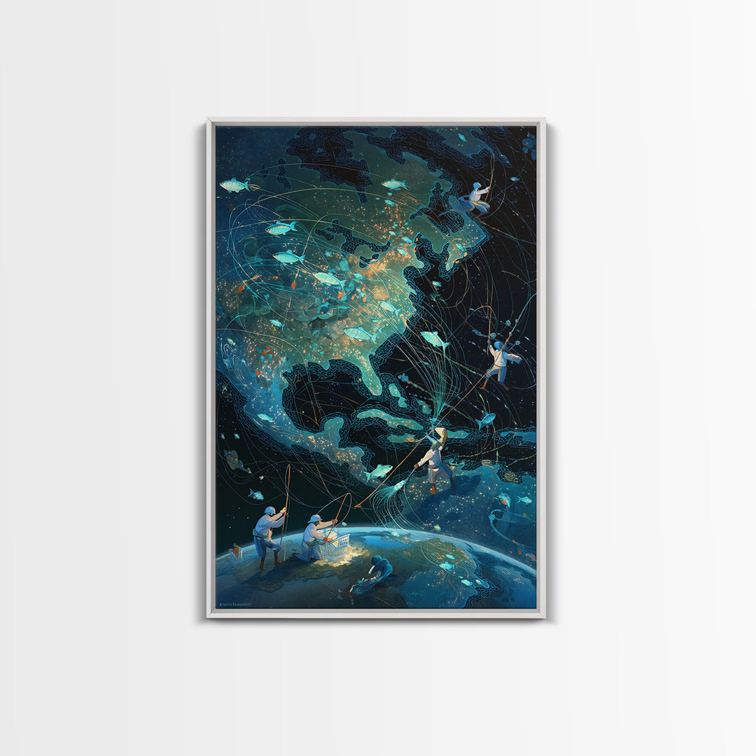 Glowing North America Fishing Map Wall Art, Whimsical Ocean Canvas Print, Teal Adventure Decor For Office And Living Room