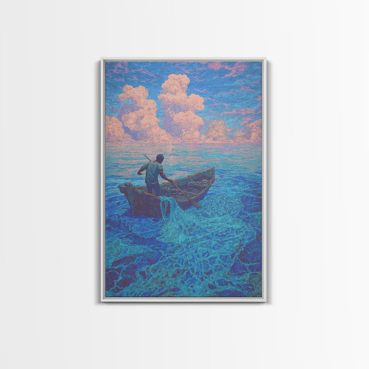 Lone Fisherman On Turquoise Sea Canvas Print, Dreamy Tropical Wall Art, Coastal Nature Decor For Bedroom And Office Gift