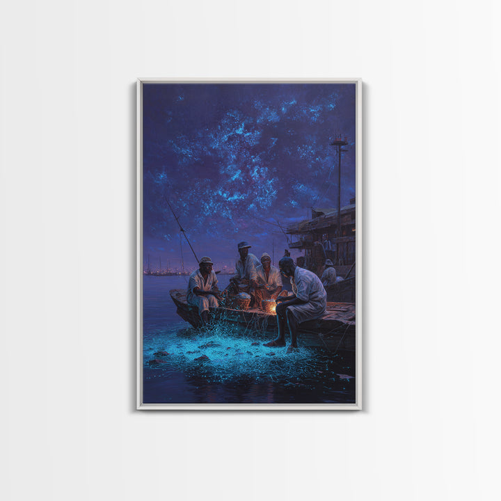 Night Fishermen With Glowing Nets Framed Canvas Print, Blue Coastal Wall Art, Contemporary Harbor Decor For Home Office Gift