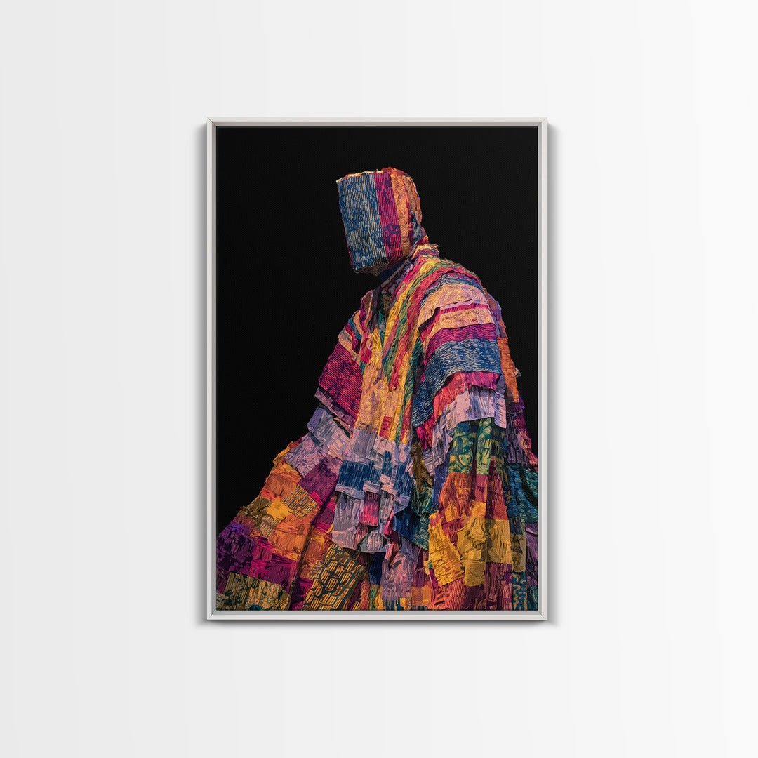 Masked African Textile Seated Figure Framed Canvas Print, Afrocentric Portrait, Vibrant Tribal Art, Cultural Wall Decor Gift