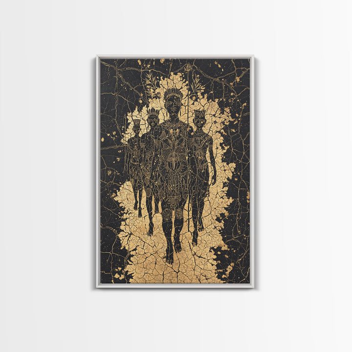 Golden Ancestral Silhouette Trio Wall Art, African Abstract Figures, Black Culture Art, Spiritual Afrocentric Decor Gift