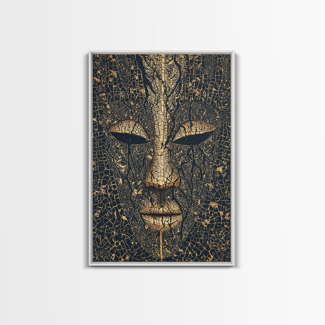 Cracked Gold African Mask Face Canvas Print, Abstract Tribal Portrait, Black And Gold Art, Afrocentric Wall Decor For Home