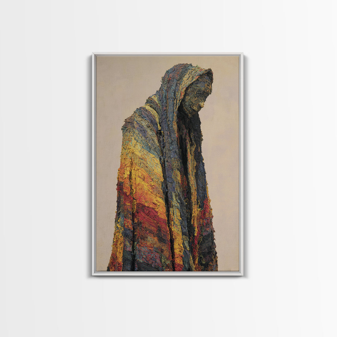 Hooded African Wanderer Wall Art, Textured Robe Portrait, Abstract Afrocentric Figure, Earth Tone Cultural Decor Canvas Print