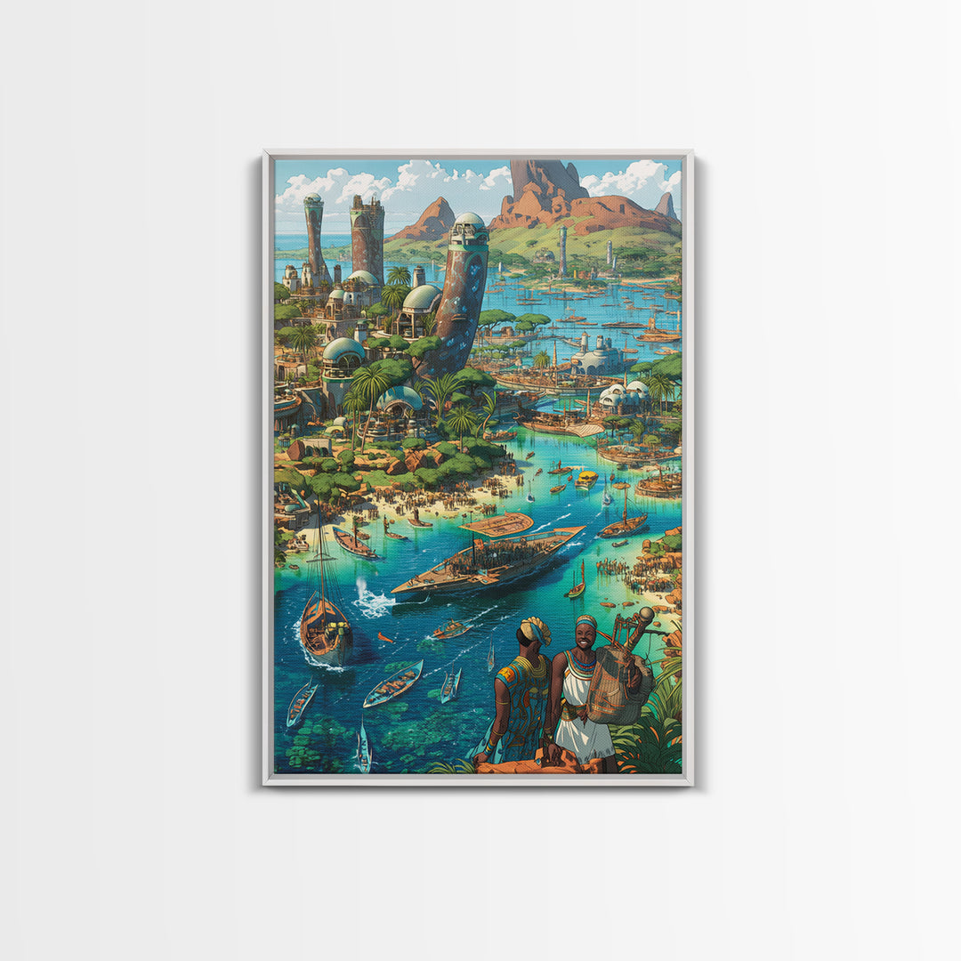 Afrofuturist Coastal African City With Boats Wall Art, African Art Prints, Afrocentric Decor, Vibrant Travel Poster, Living Room Decor