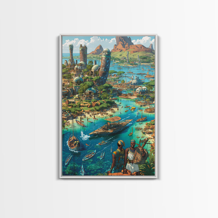 Afrofuturist Coastal African City With Boats Wall Art, African Art Prints, Afrocentric Decor, Vibrant Travel Poster, Living Room Decor