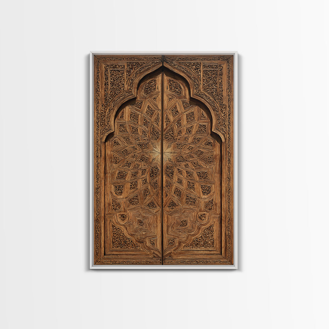 Geometric Moroccan Carved Wood Door Framed Canvas Print, African Wall Decor, Tribal Art Decor, Elegant Home Decor, Statement Piece