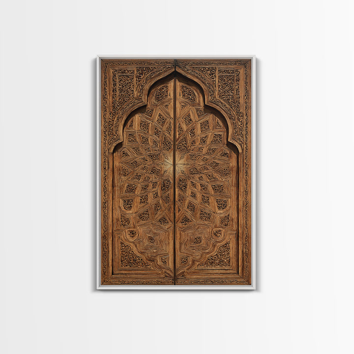 Geometric Moroccan Carved Wood Door Framed Canvas Print, African Wall Decor, Tribal Art Decor, Elegant Home Decor, Statement Piece