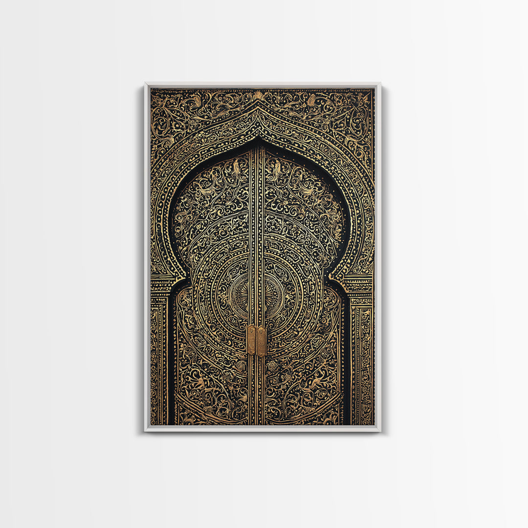 Black Gold Moroccan Mandala Door Framed Canvas Print, African Wall Decor, Luxury Canvas Art, Spiritual Home Decor, Statement Piece
