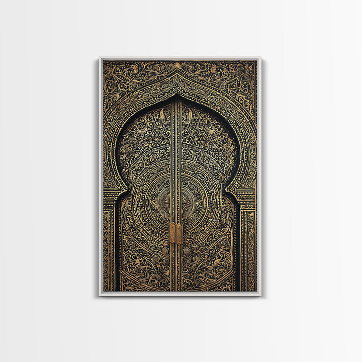 Black Gold Moroccan Mandala Door Framed Canvas Print, African Wall Decor, Luxury Canvas Art, Spiritual Home Decor, Statement Piece