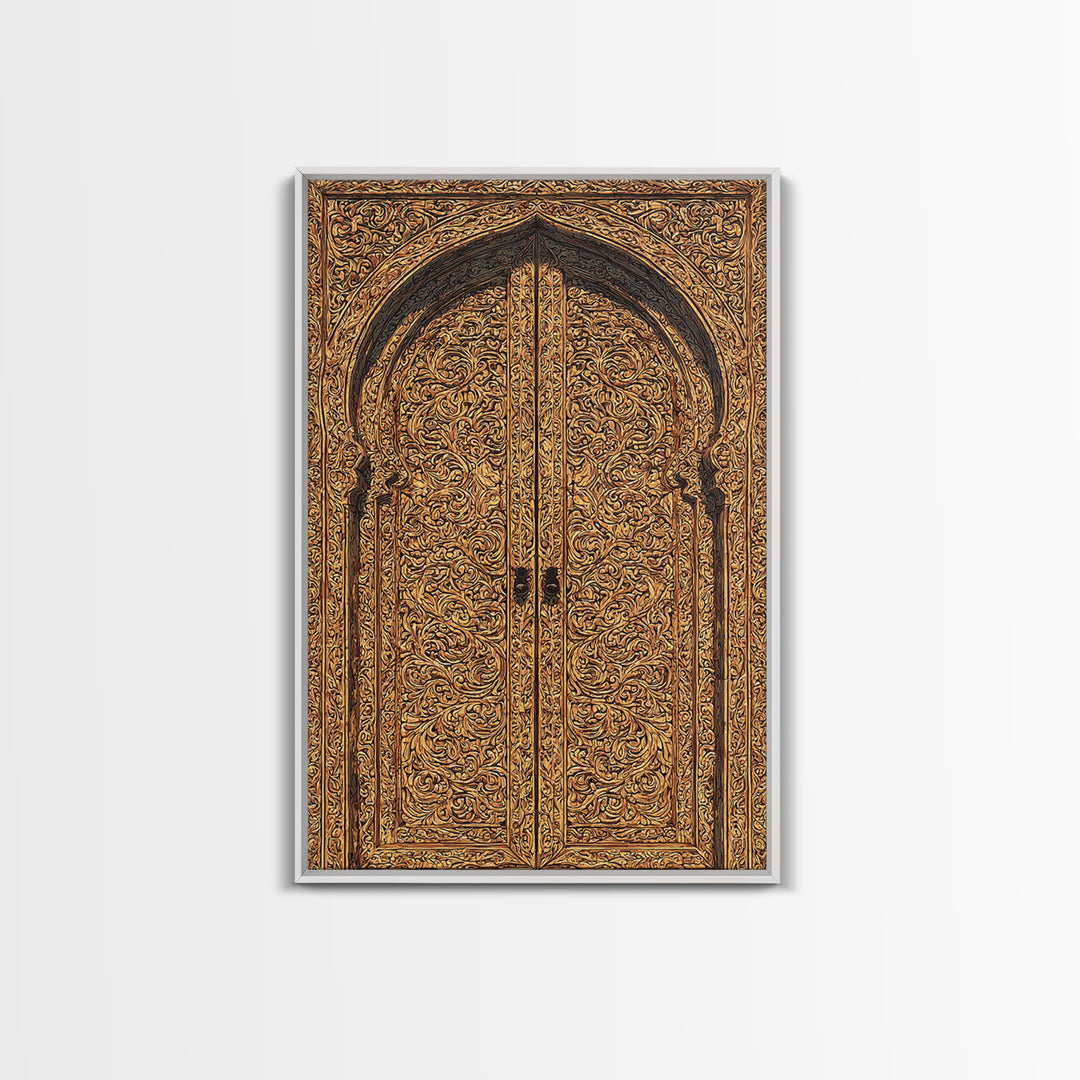 Golden Floral African Carved Door Canvas Print, African Art Decor, Elegant Home Decor, Bohemian Wall Decor, Wood Patterns