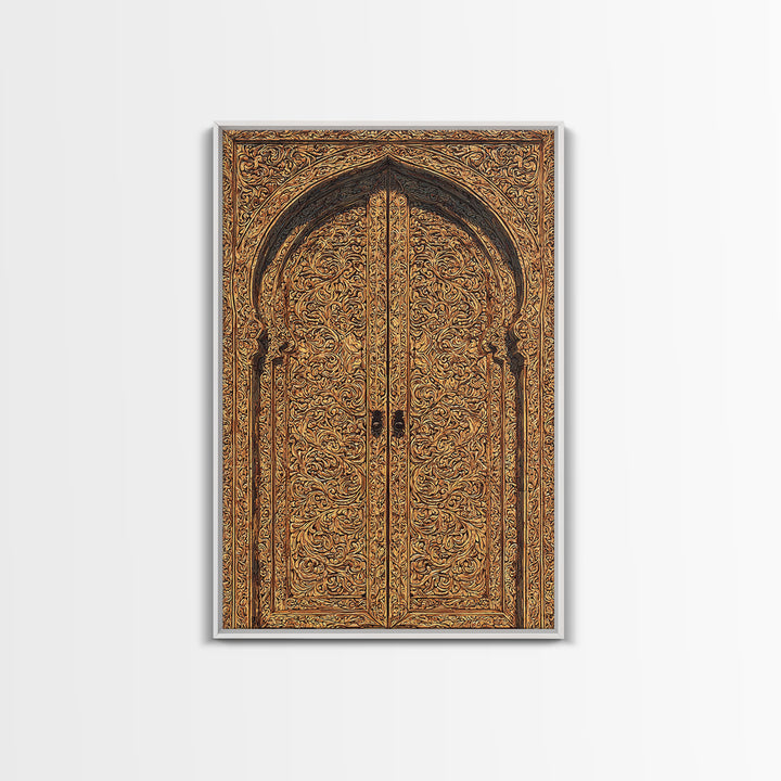 Golden Floral African Carved Door Canvas Print, African Art Decor, Elegant Home Decor, Bohemian Wall Decor, Wood Patterns