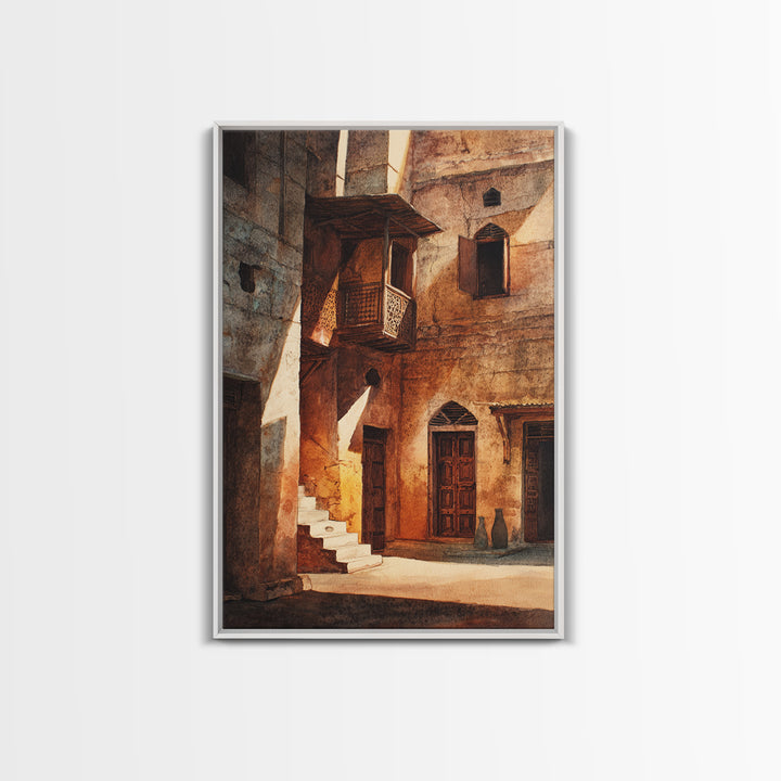 Sunlit African Stone Alley Framed Canvas Print, Moroccan Travel, African Architecture, Cultural Wall Decor, Rustic Home Decor
