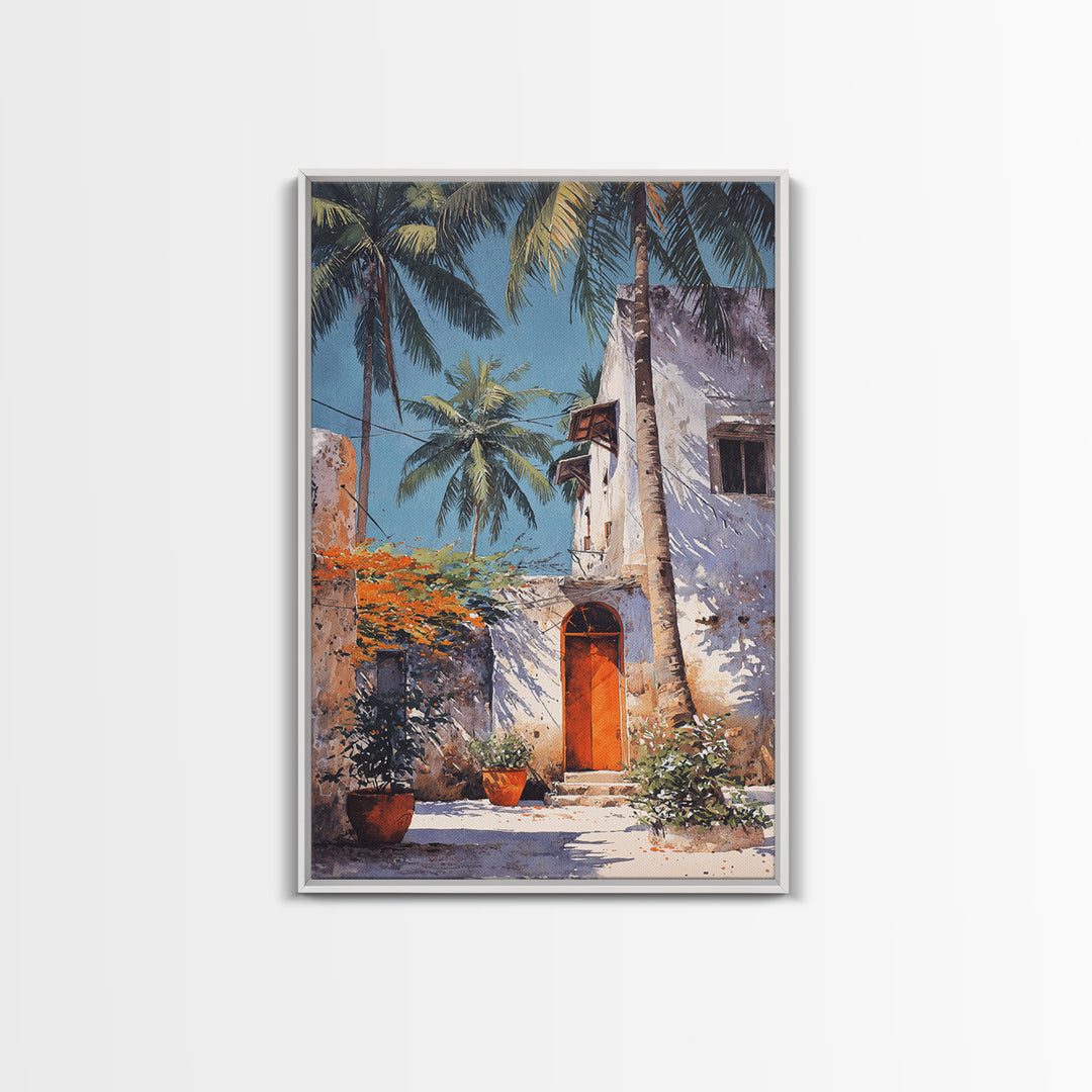 White Coastal African Courtyard Wall Art, Palm Tree Accent, Morocco Africa, Travel Poster, Bohemian Decor Art, Unique Wall Decor