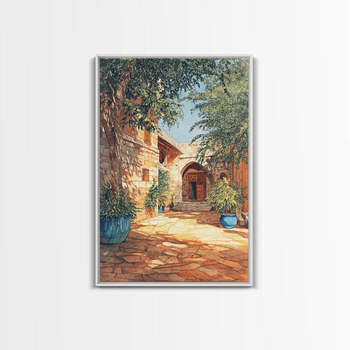 Leafy Stone African Courtyard Canvas Print, Elegant Home Decor, Cultural Wall Decor, Africa Painting, Living Room Decor Gift