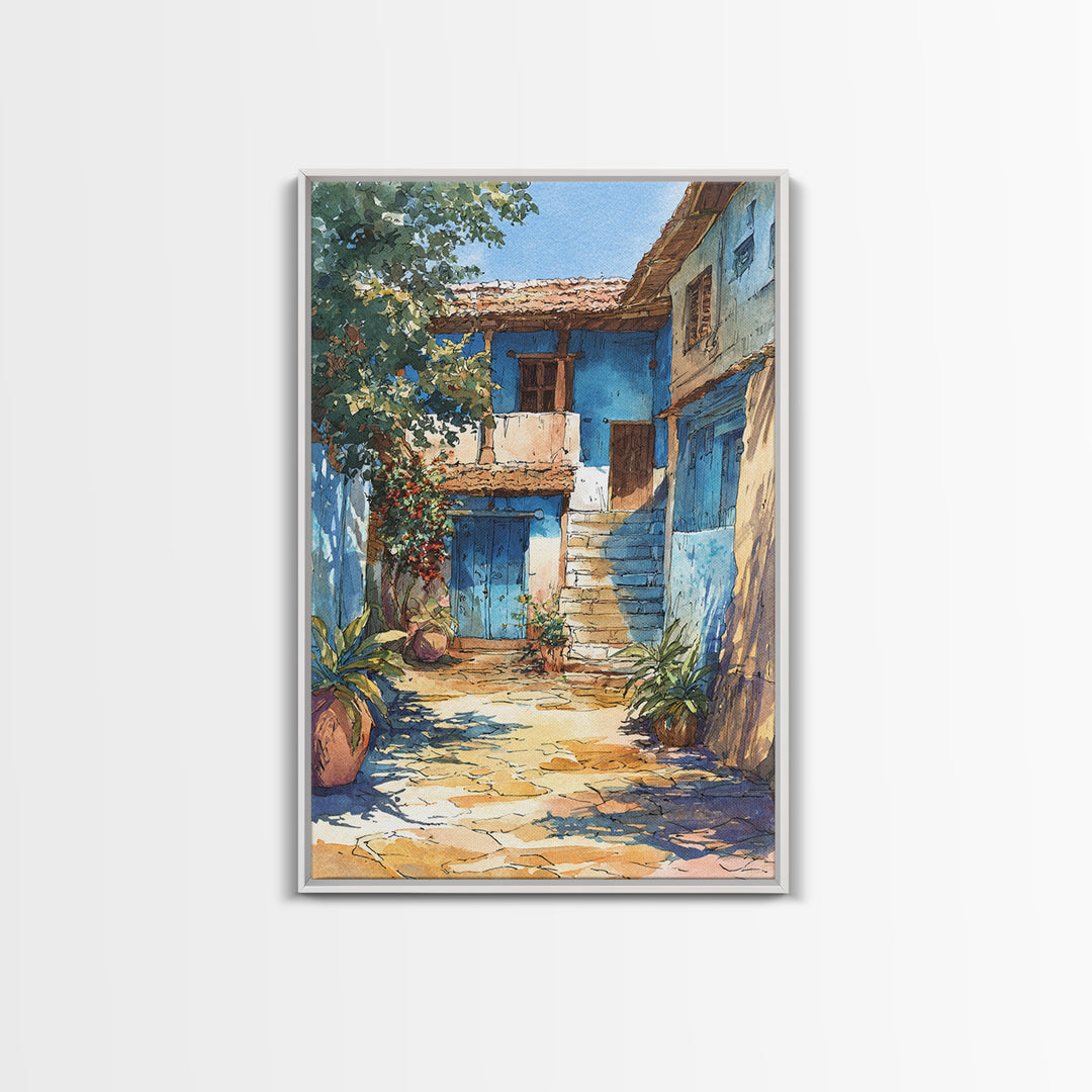 Blue African Village Courtyard Wall Art, Rustic Architecture, Africa Wall Decor, Travel Poster, Boho Home Decor, Unique Canvas