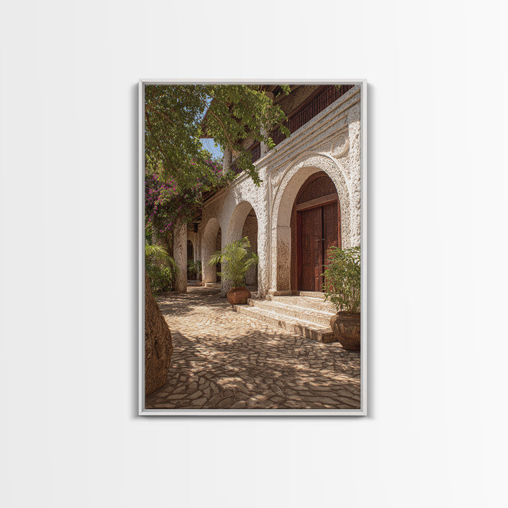 Arched African Veranda Courtyard Framed Canvas Print, Zanzibar Style, Cultural Home Decor, African Wall Decor, Statement Decor