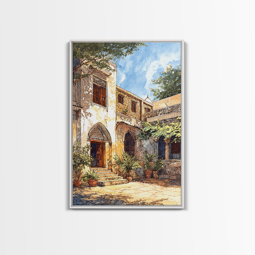 Historic African Stone Courtyard Canvas Print, Carved Door, Africa Painting, Cultural Wall Decor, Travel Poster, Elegant Home Decor