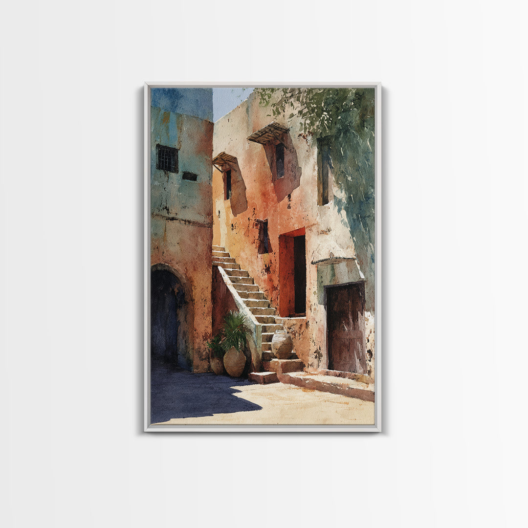 Sunlit Adobe African Alley Canvas Print, Terracotta Art Print, Rustic Decor, Cultural Wall Decor, Africa Painting, Unique Gift