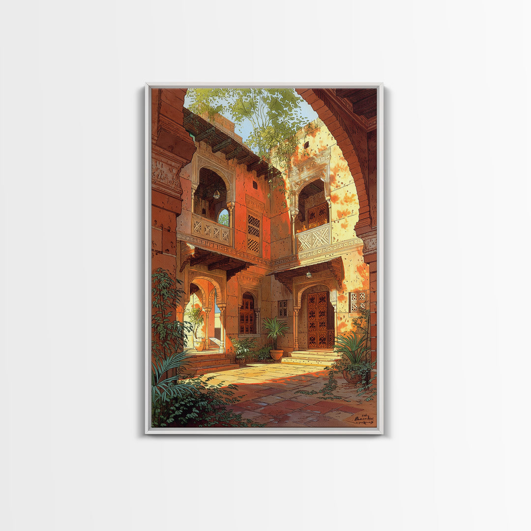 Sunlit Moroccan Courtyard With Arches Wall Art, African Inspired Home Decor, Terracotta Travel Poster, Boho Living Room Print