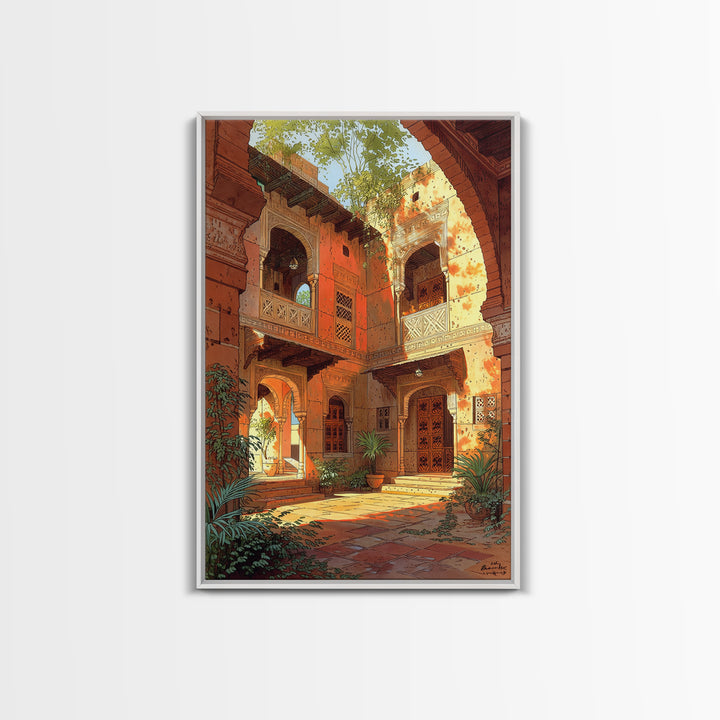 Sunlit Moroccan Courtyard With Arches Wall Art, African Inspired Home Decor, Terracotta Travel Poster, Boho Living Room Print