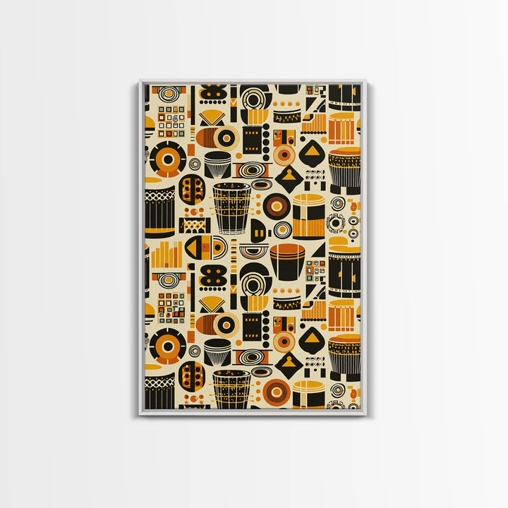 Bold African Drum Pattern Canvas Print, Tribal Textile Art, Orange Black Home Decor, Afrocentric Wall Decor Gift For Music Room