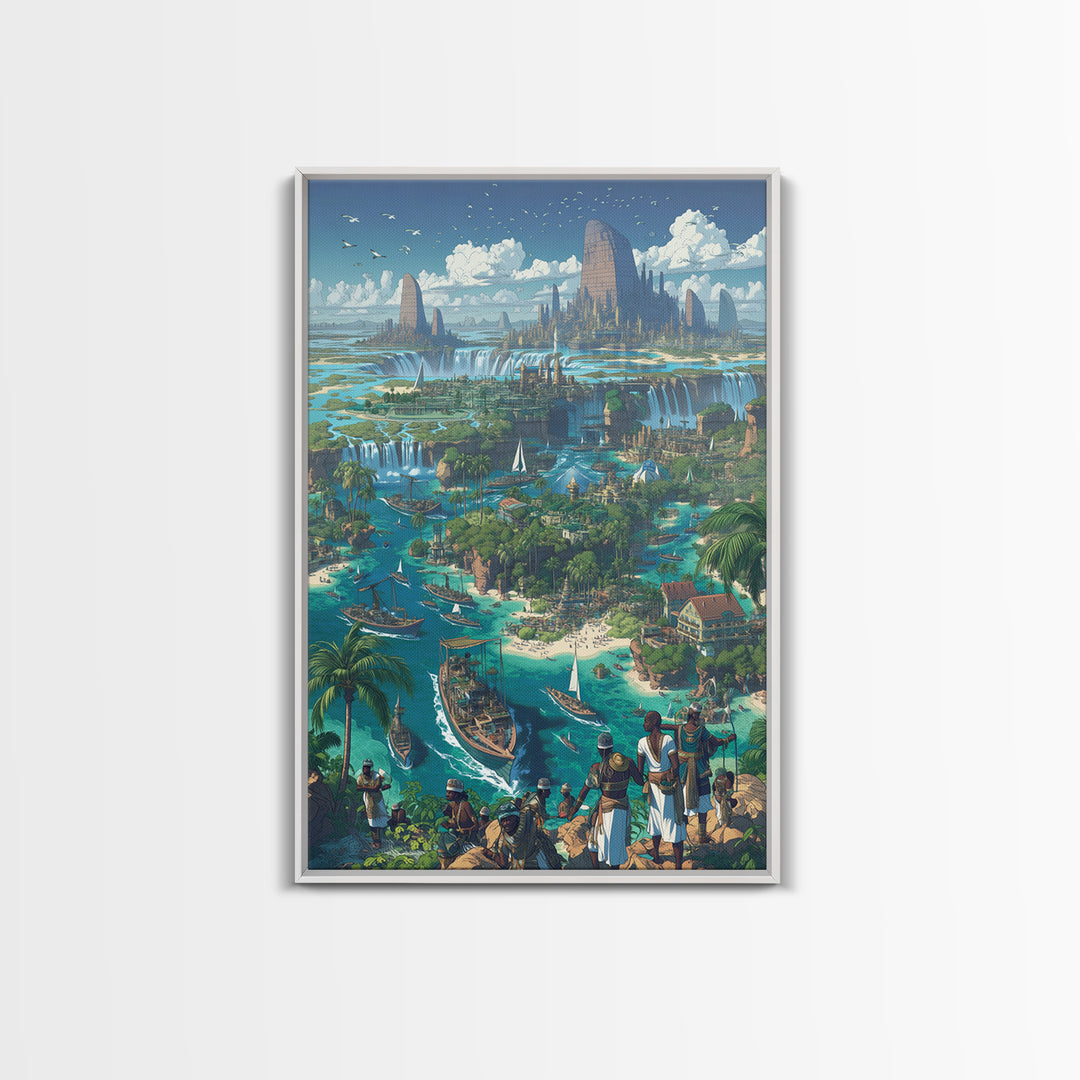 Afrofuturist Coastal Kingdom Wall Art, African Landscape Fantasy City, Blue Travel Poster, Modern Canvas Decor For Living Room