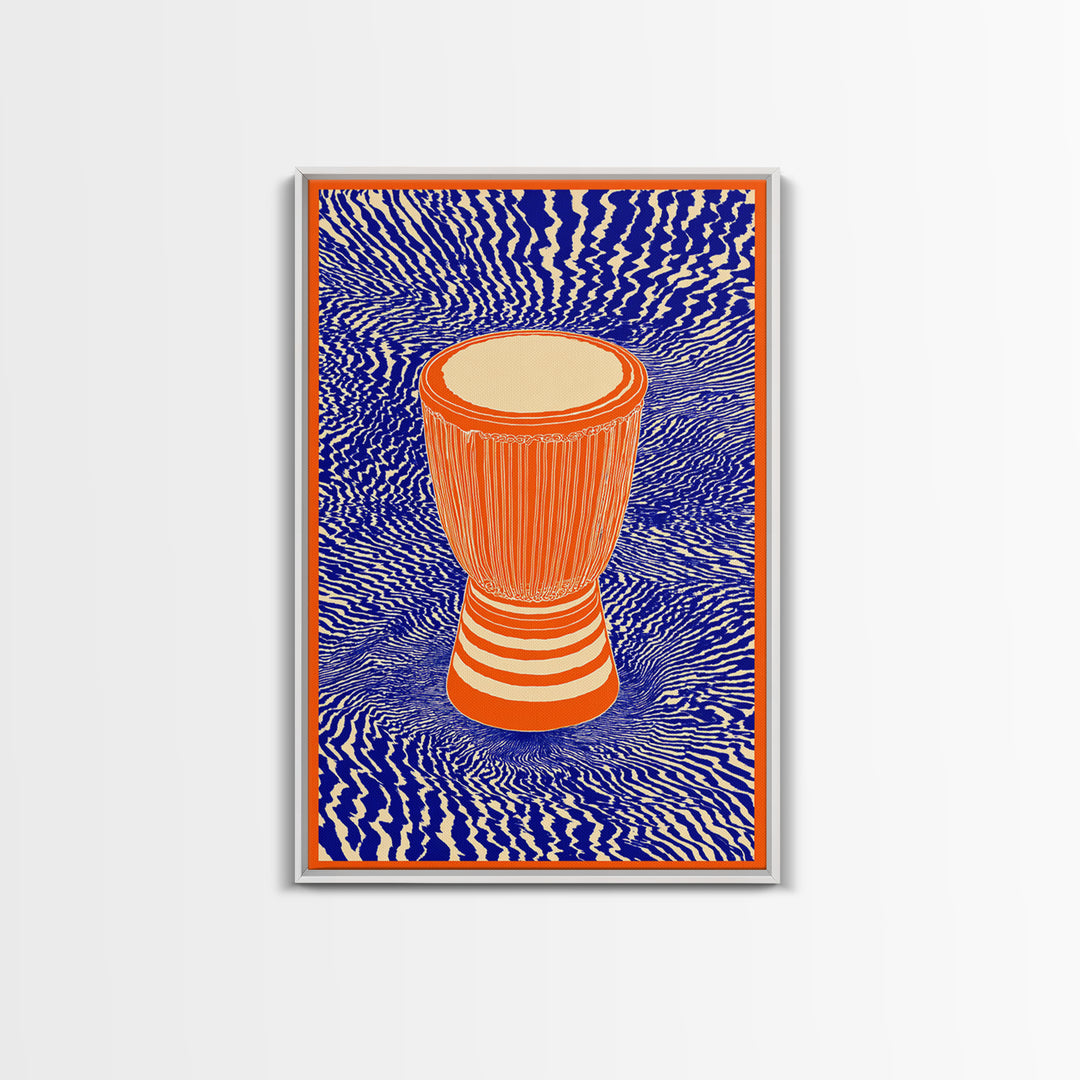 Orange Djembe Drum With Blue Waves Canvas Print, African Music Wall Art, Vibrant Tribal Decor, Bold Afrocentric Gift Print