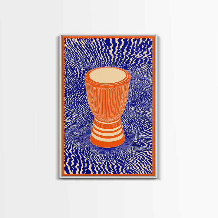 Orange Djembe Drum With Blue Waves Canvas Print, African Music Wall Art, Vibrant Tribal Decor, Bold Afrocentric Gift Print