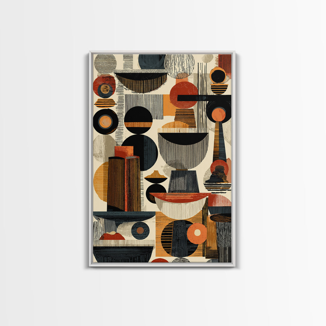 Midcentury African Abstract Shapes Wall Art, Terracotta Black Geometric Canvas Decor, Modern Tribal Home Decor Gift For Office