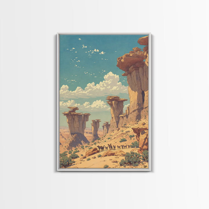 Desert Caravan Rock Pillars Wall Art, African Landscape Travel Poster, Sahara Nature Scene, Warm Boho Home Decor Gift Print
