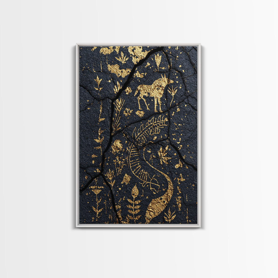 Gold Petroglyph Animals On Cracked Stone Framed Canvas Print, African Tribal Art, African Wall Art, Ethnic Wall Decor, Home Decor
